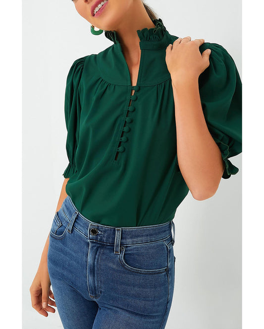 Blackish Green Solid Puff Sleeve Frilled Trim Elegant Blouse - M