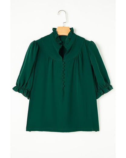 Blackish Green Solid Puff Sleeve Frilled Trim Elegant Blouse - M