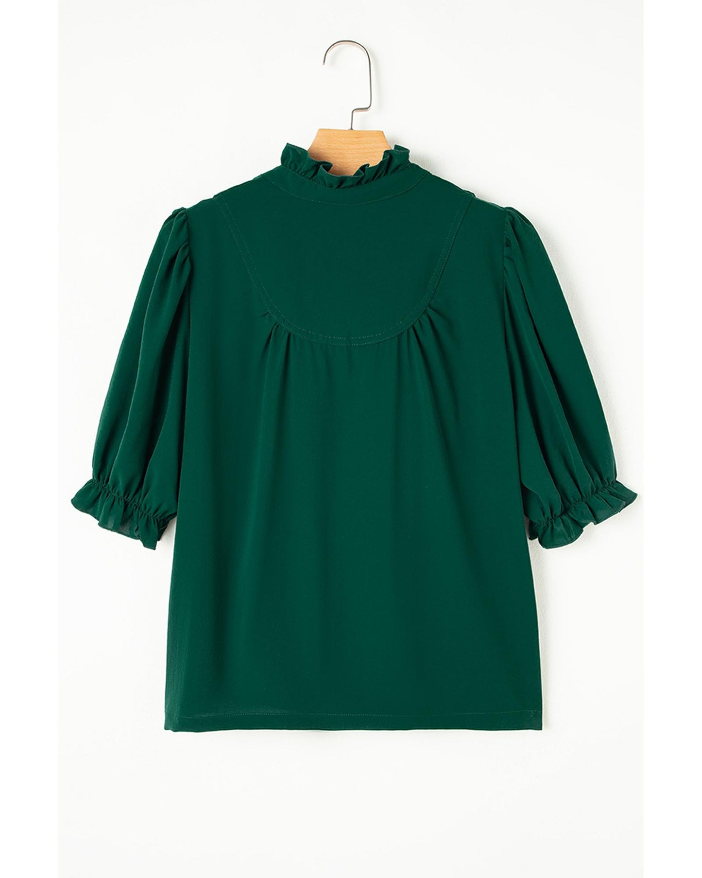 Blackish Green Solid Puff Sleeve Frilled Trim Elegant Blouse - M