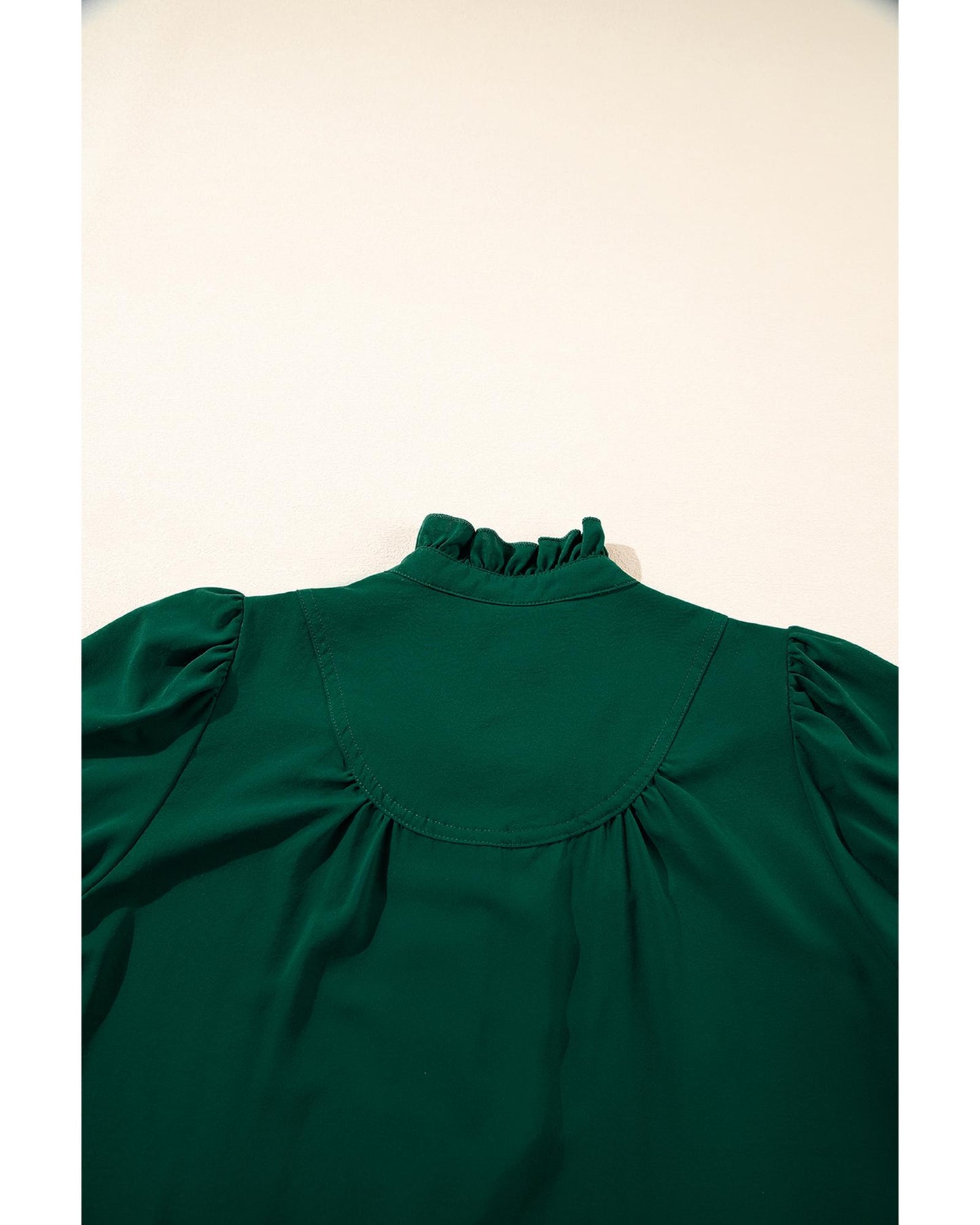 Blackish Green Solid Puff Sleeve Frilled Trim Elegant Blouse - M