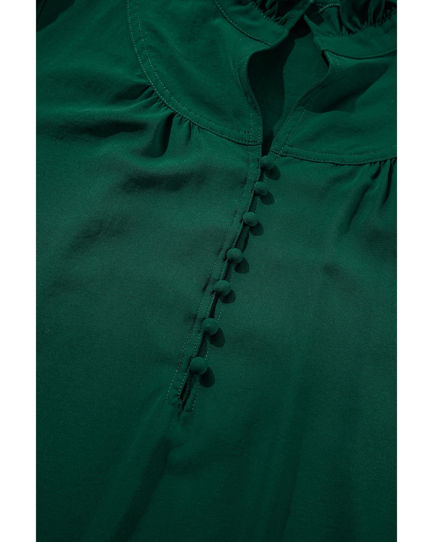 Blackish Green Solid Puff Sleeve Frilled Trim Elegant Blouse - M