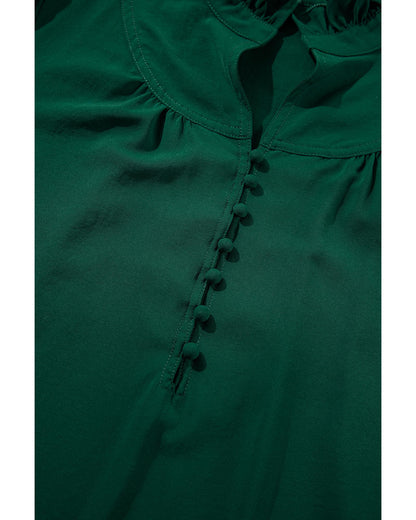 Blackish Green Solid Puff Sleeve Frilled Trim Elegant Blouse - M