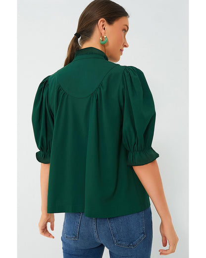 Blackish Green Solid Puff Sleeve Frilled Trim Elegant Blouse - S
