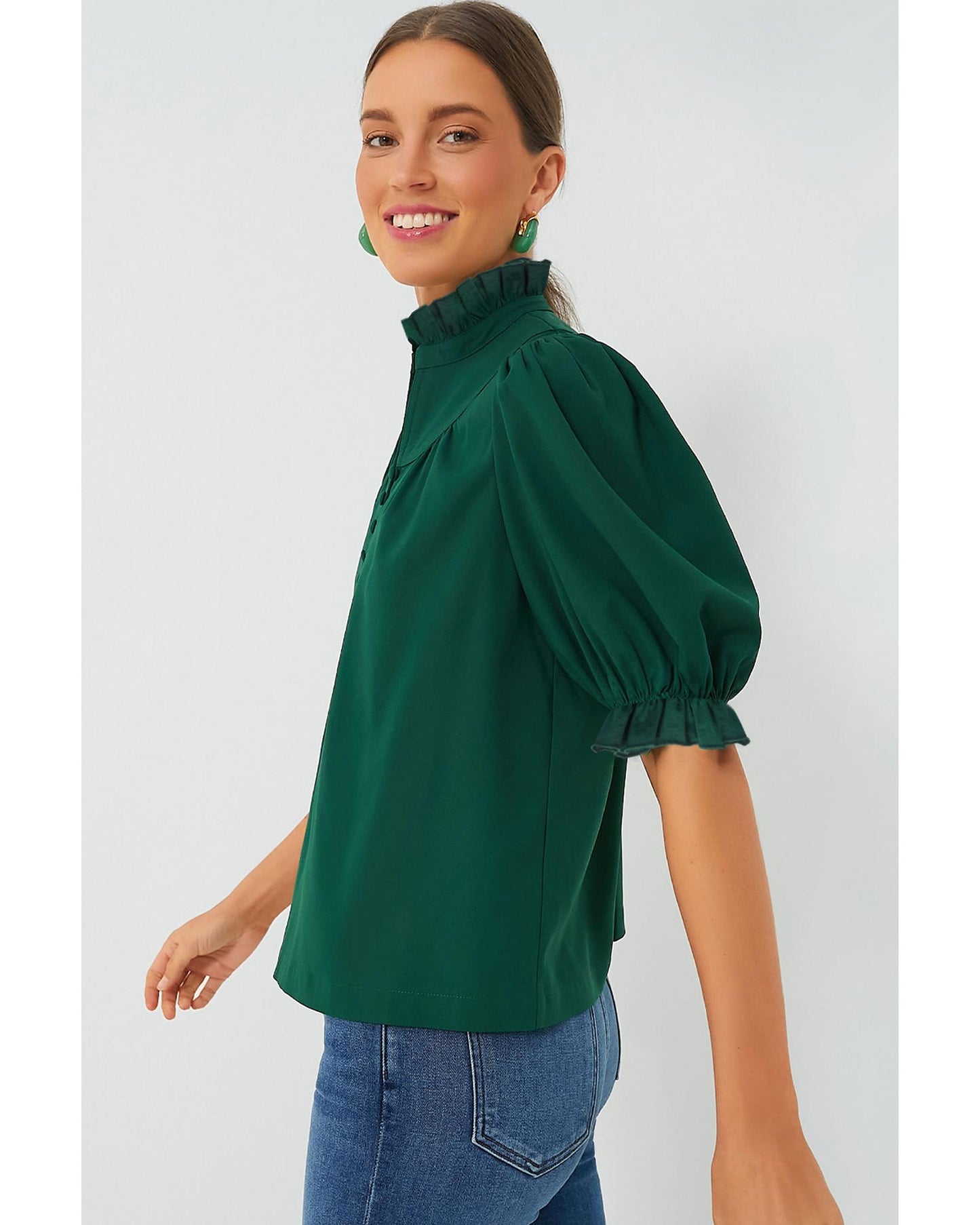 Blackish Green Solid Puff Sleeve Frilled Trim Elegant Blouse - S