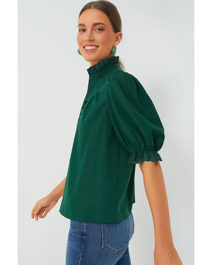 Blackish Green Solid Puff Sleeve Frilled Trim Elegant Blouse - S