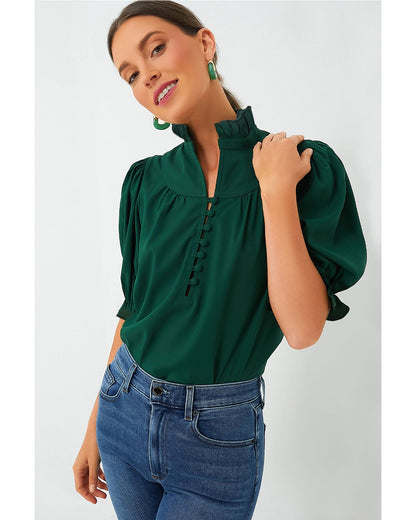 Blackish Green Solid Puff Sleeve Frilled Trim Elegant Blouse - S