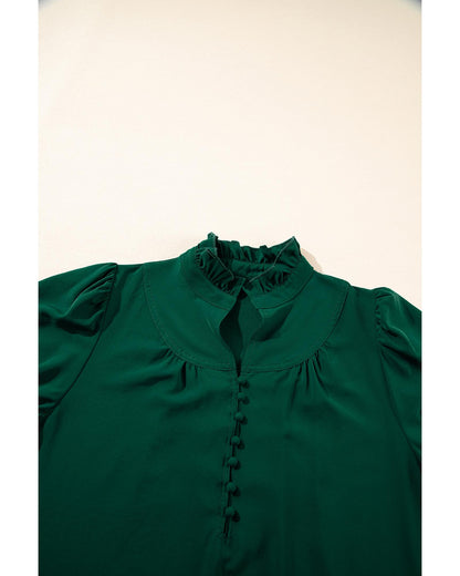 Blackish Green Solid Puff Sleeve Frilled Trim Elegant Blouse - S