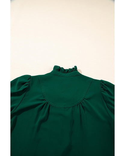 Blackish Green Solid Puff Sleeve Frilled Trim Elegant Blouse - S