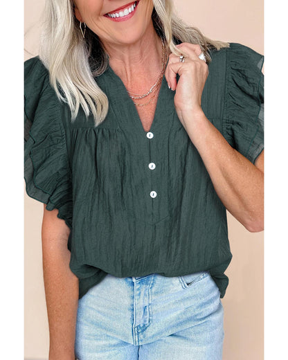 Skobeloff Frilled V Neck Ruffled Cap Sleeve Blouse - M