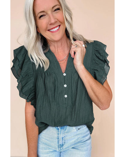 Skobeloff Frilled V Neck Ruffled Cap Sleeve Blouse - M
