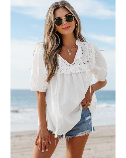 White Embroidered Lace Patchwork Tie Neck Puff Short Sleeve Blouse - M