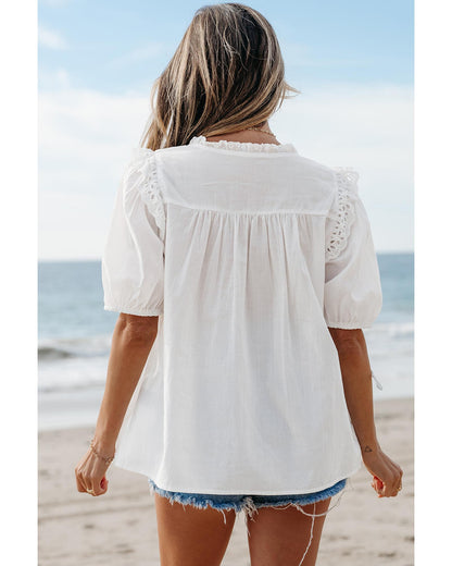 White Embroidered Lace Patchwork Tie Neck Puff Short Sleeve Blouse - M