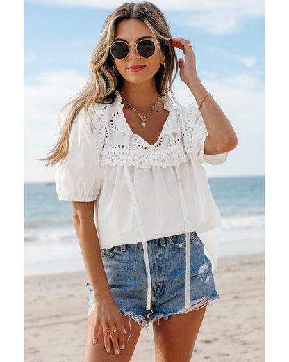 White Embroidered Lace Patchwork Tie Neck Puff Short Sleeve Blouse - M