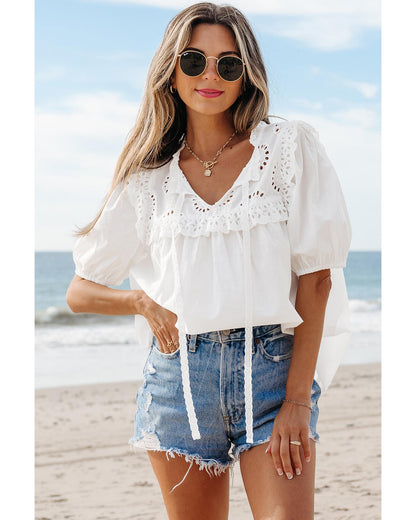 White Embroidered Lace Patchwork Tie Neck Puff Short Sleeve Blouse - M
