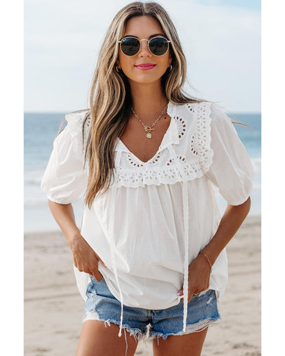 White Embroidered Lace Patchwork Tie Neck Puff Short Sleeve Blouse - M