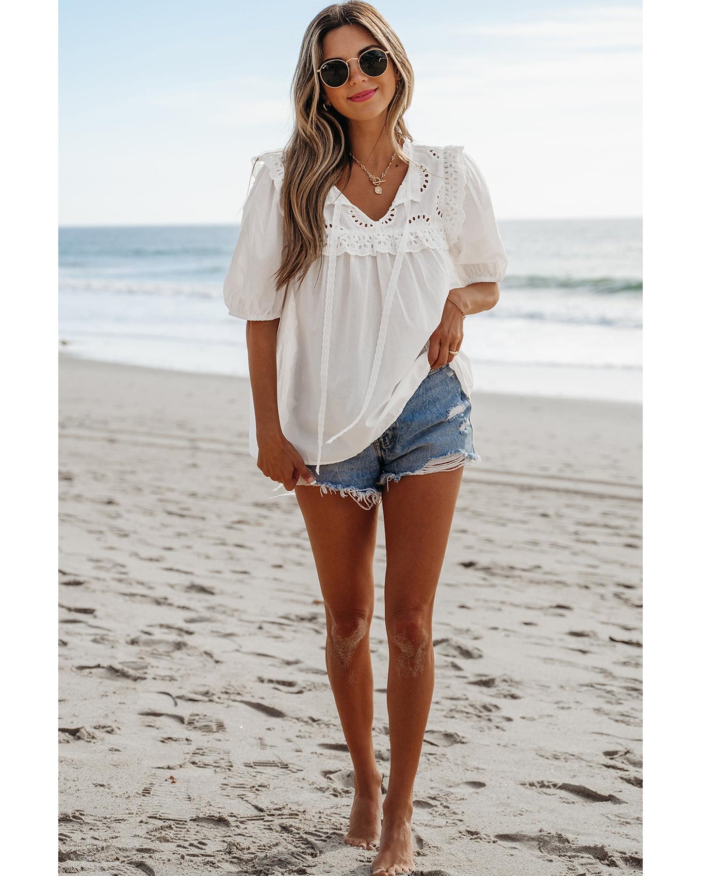 White Embroidered Lace Patchwork Tie Neck Puff Short Sleeve Blouse - M