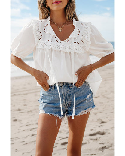 White Embroidered Lace Patchwork Tie Neck Puff Short Sleeve Blouse - M