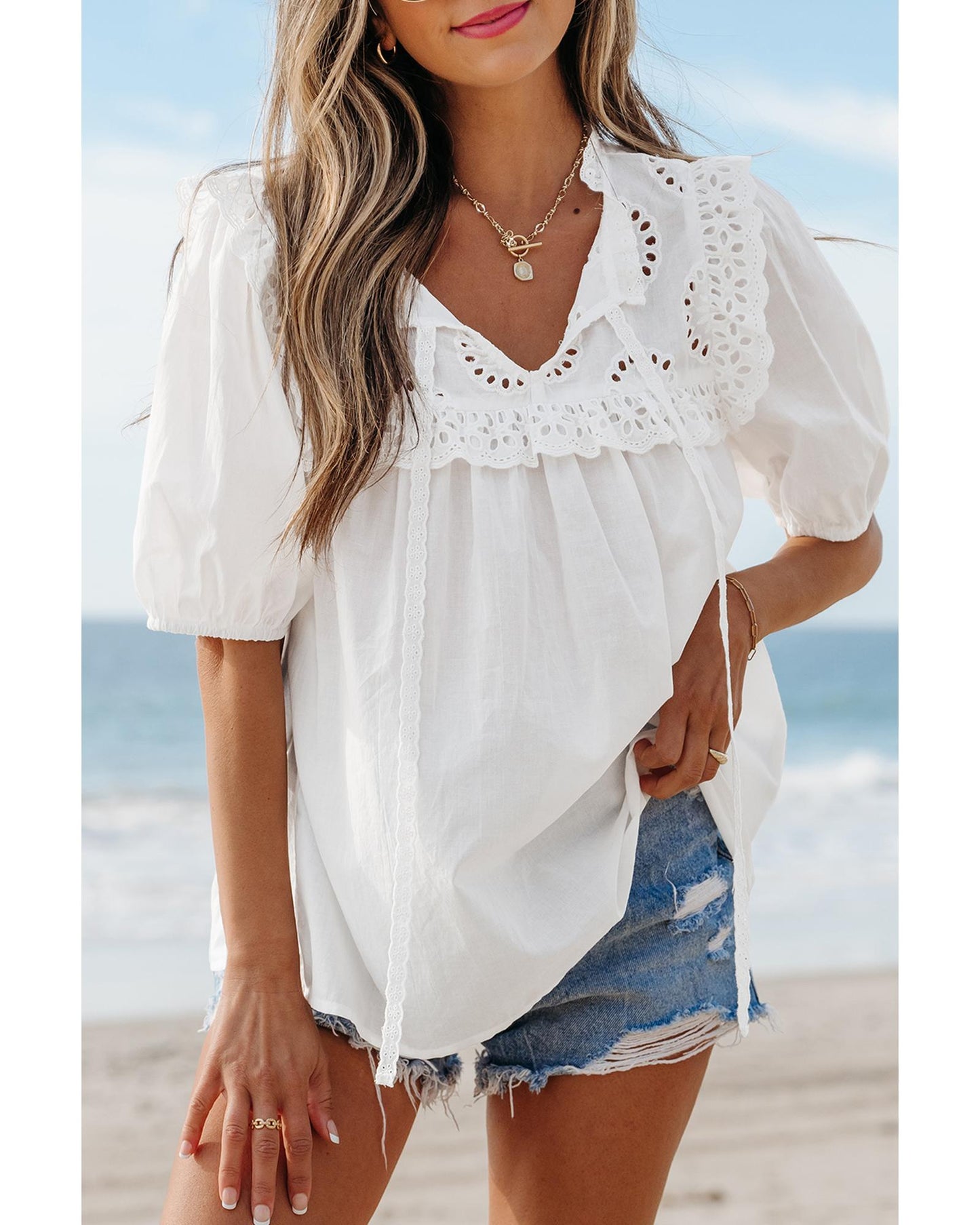 White Embroidered Lace Patchwork Tie Neck Puff Short Sleeve Blouse - M