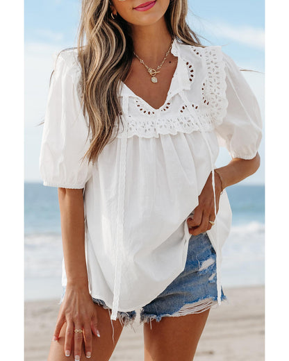 White Embroidered Lace Patchwork Tie Neck Puff Short Sleeve Blouse - M