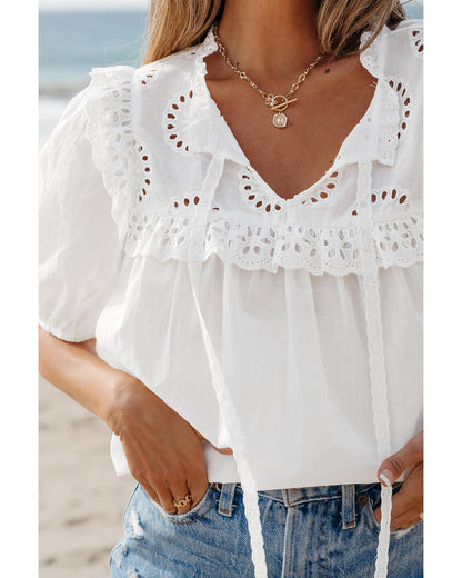 White Embroidered Lace Patchwork Tie Neck Puff Short Sleeve Blouse - M