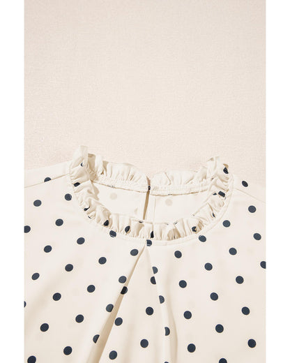 Apricot Polka Dot Print Frilled Collar Lantern Sleeve Blouse - M