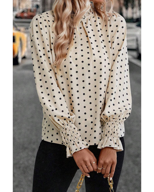 Apricot Polka Dot Print Frilled Collar Lantern Sleeve Blouse - M