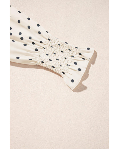 Apricot Polka Dot Print Frilled Collar Lantern Sleeve Blouse - M