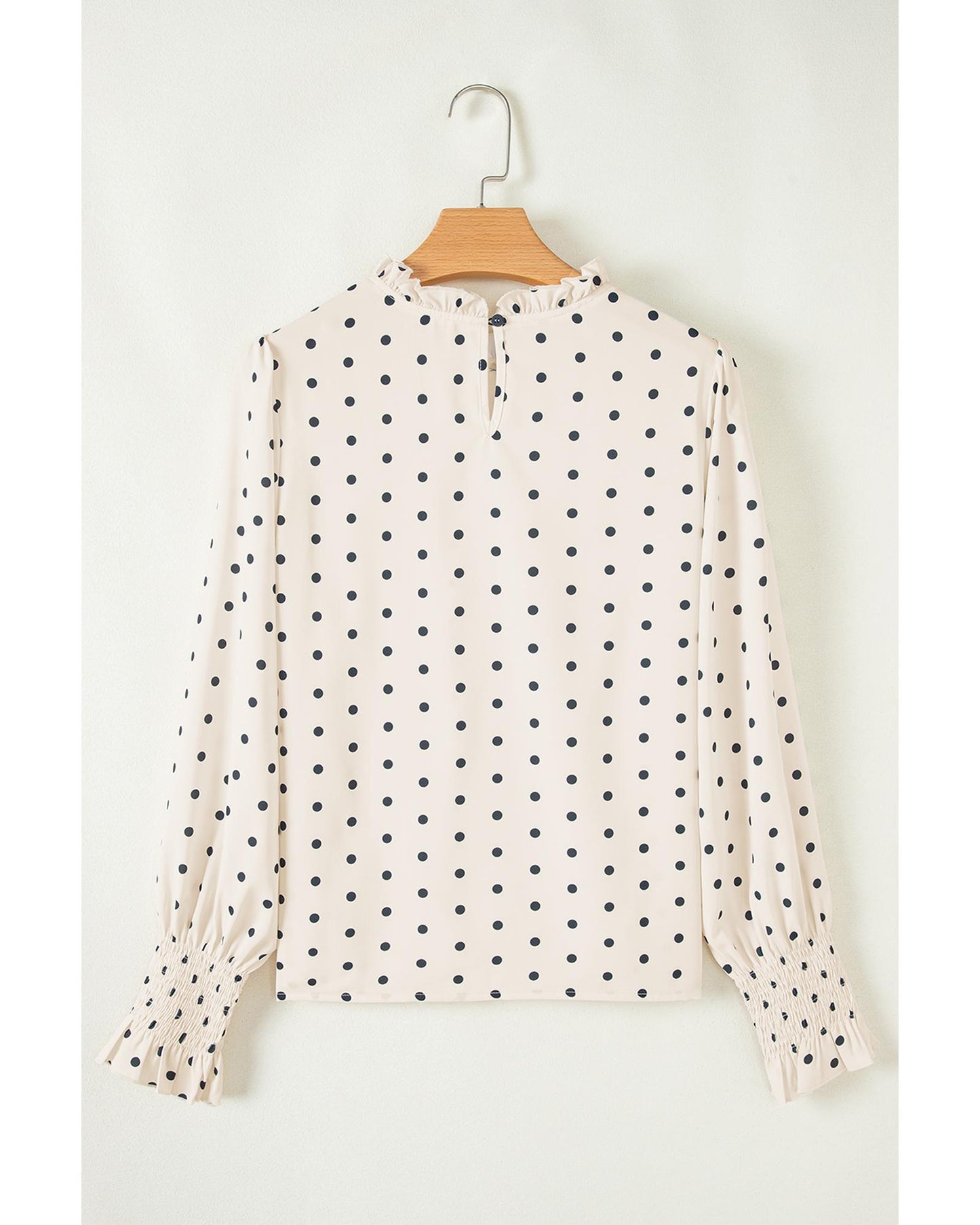 Apricot Polka Dot Print Frilled Collar Lantern Sleeve Blouse - M