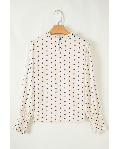 Apricot Polka Dot Print Frilled Collar Lantern Sleeve Blouse - M