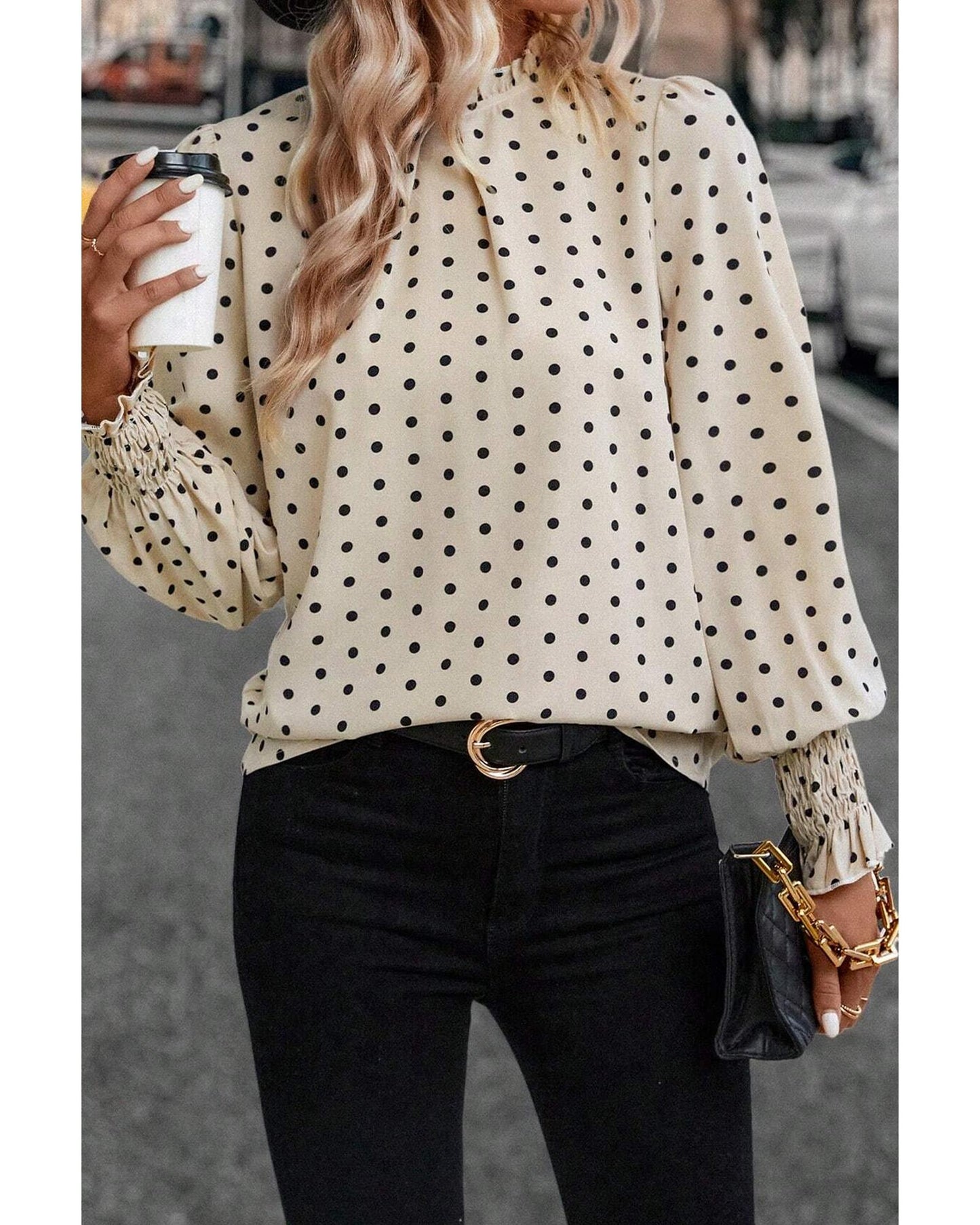 Apricot Polka Dot Print Frilled Collar Lantern Sleeve Blouse - M
