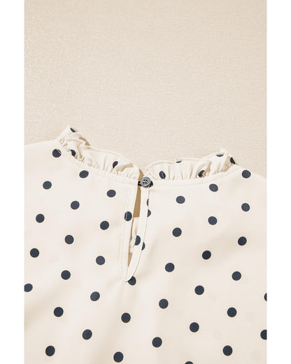 Apricot Polka Dot Print Frilled Collar Lantern Sleeve Blouse - M