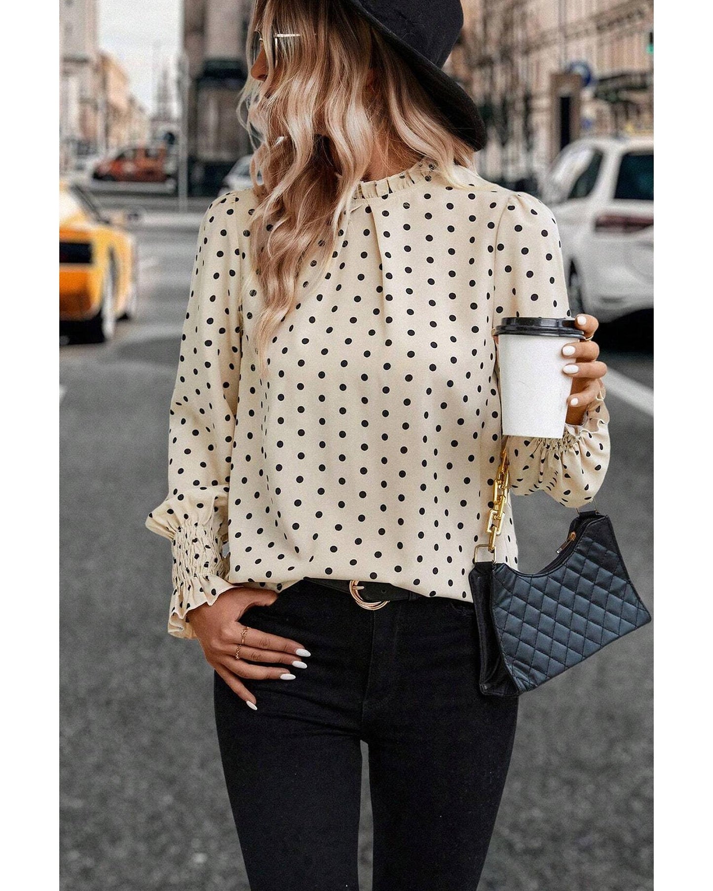 Apricot Polka Dot Print Frilled Collar Lantern Sleeve Blouse - M