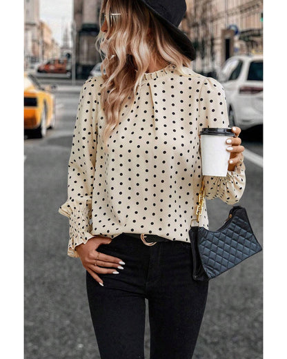 Apricot Polka Dot Print Frilled Collar Lantern Sleeve Blouse - M