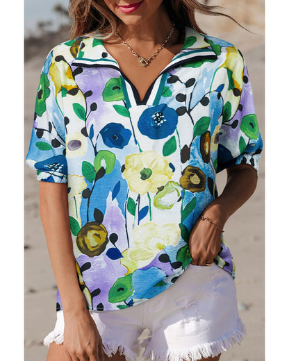 Light Blue Floral Print Slit V Neck Short Sleeve Blouse - L