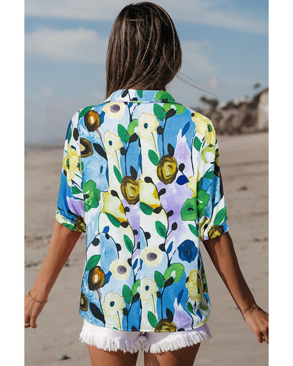 Light Blue Floral Print Slit V Neck Short Sleeve Blouse - L