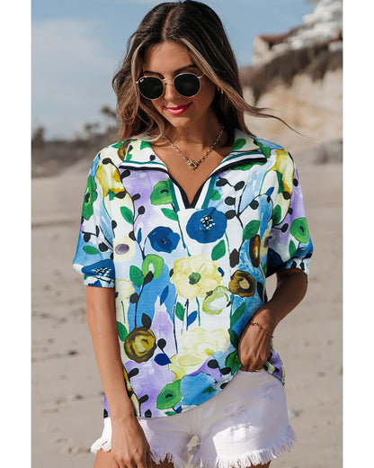 Light Blue Floral Print Slit V Neck Short Sleeve Blouse - L