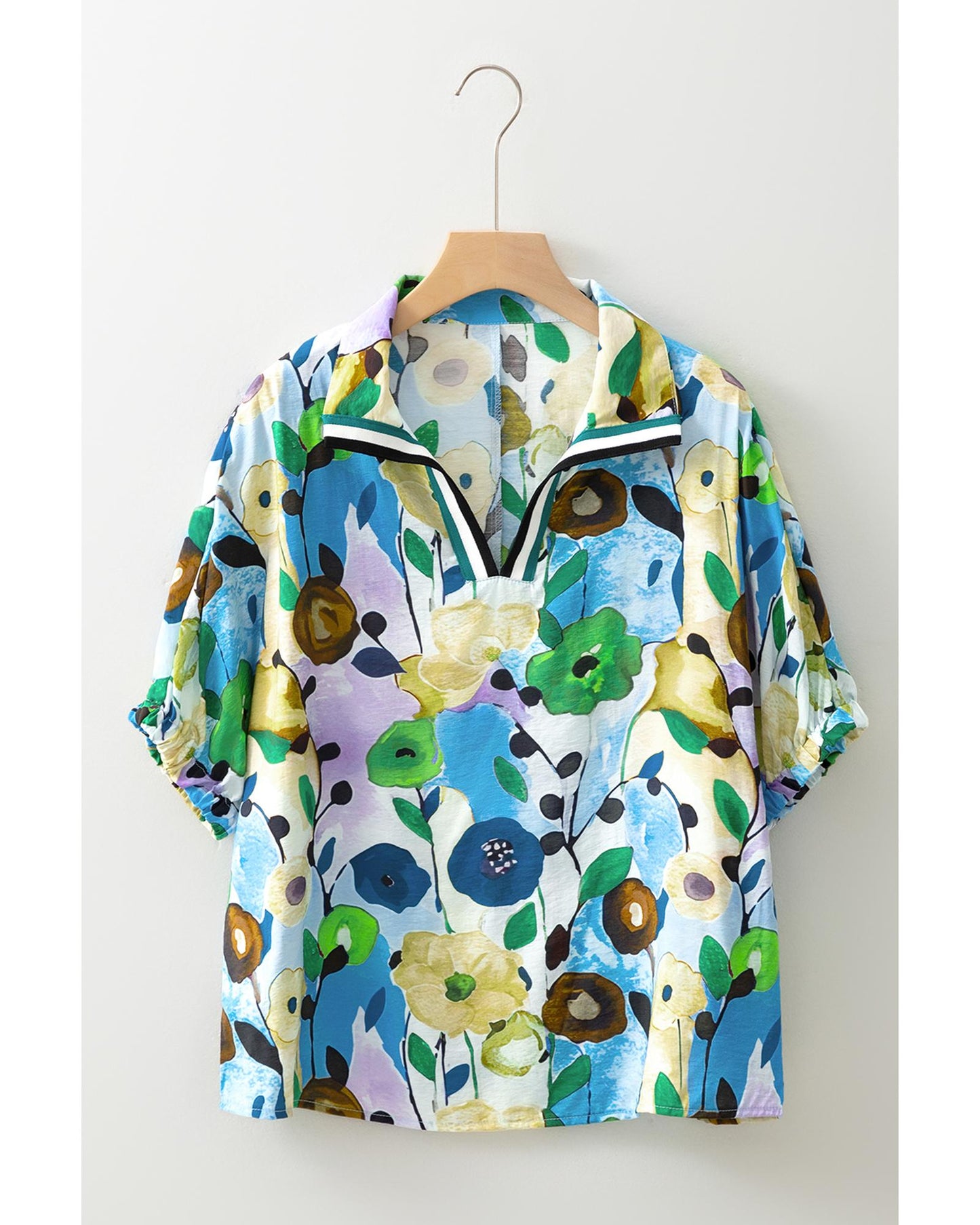 Light Blue Floral Print Slit V Neck Short Sleeve Blouse - L