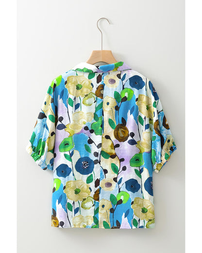 Light Blue Floral Print Slit V Neck Short Sleeve Blouse - L