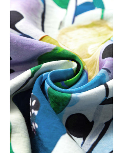 Light Blue Floral Print Slit V Neck Short Sleeve Blouse - L