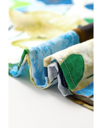 Light Blue Floral Print Slit V Neck Short Sleeve Blouse - L