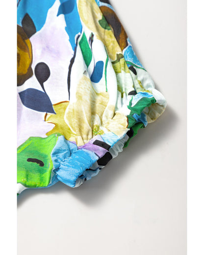 Light Blue Floral Print Slit V Neck Short Sleeve Blouse - L