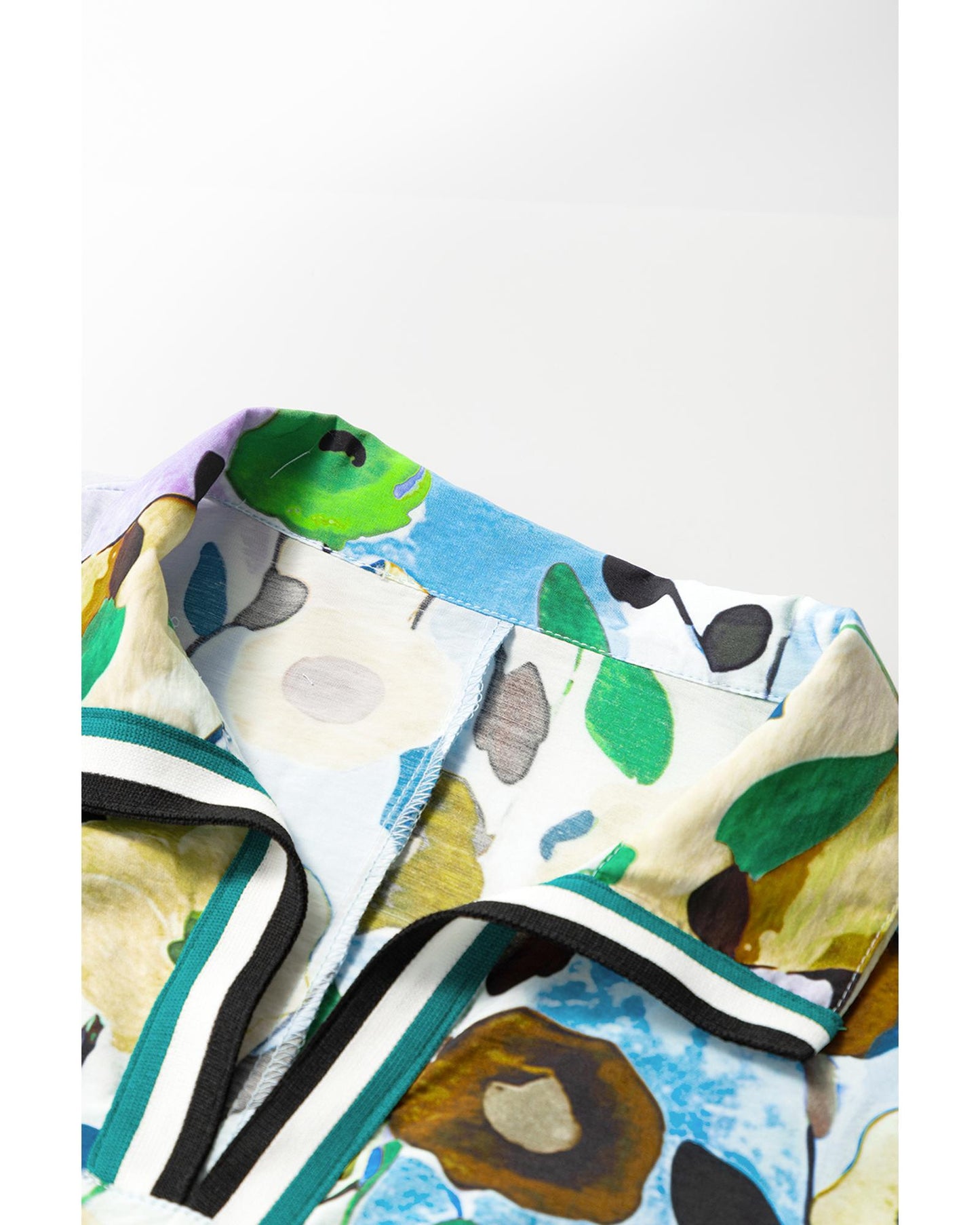 Light Blue Floral Print Slit V Neck Short Sleeve Blouse - L