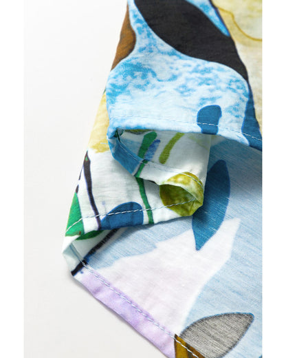 Light Blue Floral Print Slit V Neck Short Sleeve Blouse - L