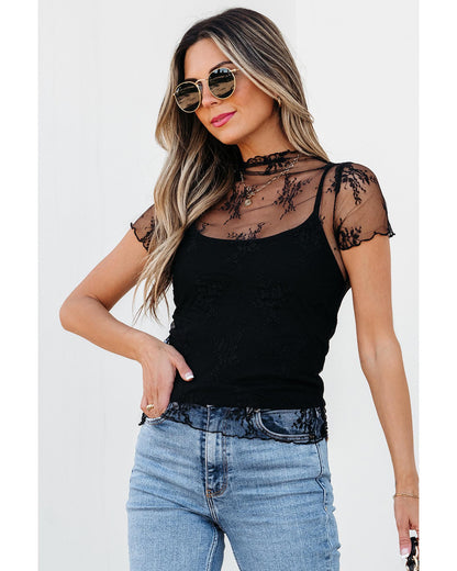 Black Floral Sheer Mesh Short Sleeve Mock Neck Blouse - M