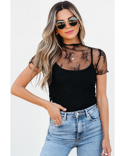 Black Floral Sheer Mesh Short Sleeve Mock Neck Blouse - M