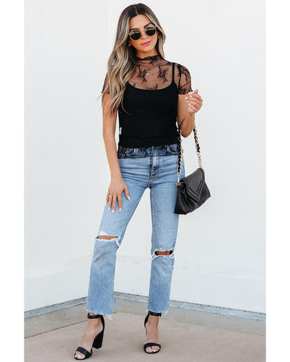 Black Floral Sheer Mesh Short Sleeve Mock Neck Blouse - M