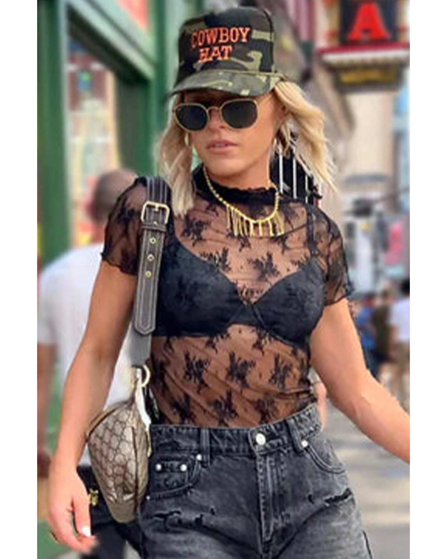 Black Floral Sheer Mesh Short Sleeve Mock Neck Blouse - M