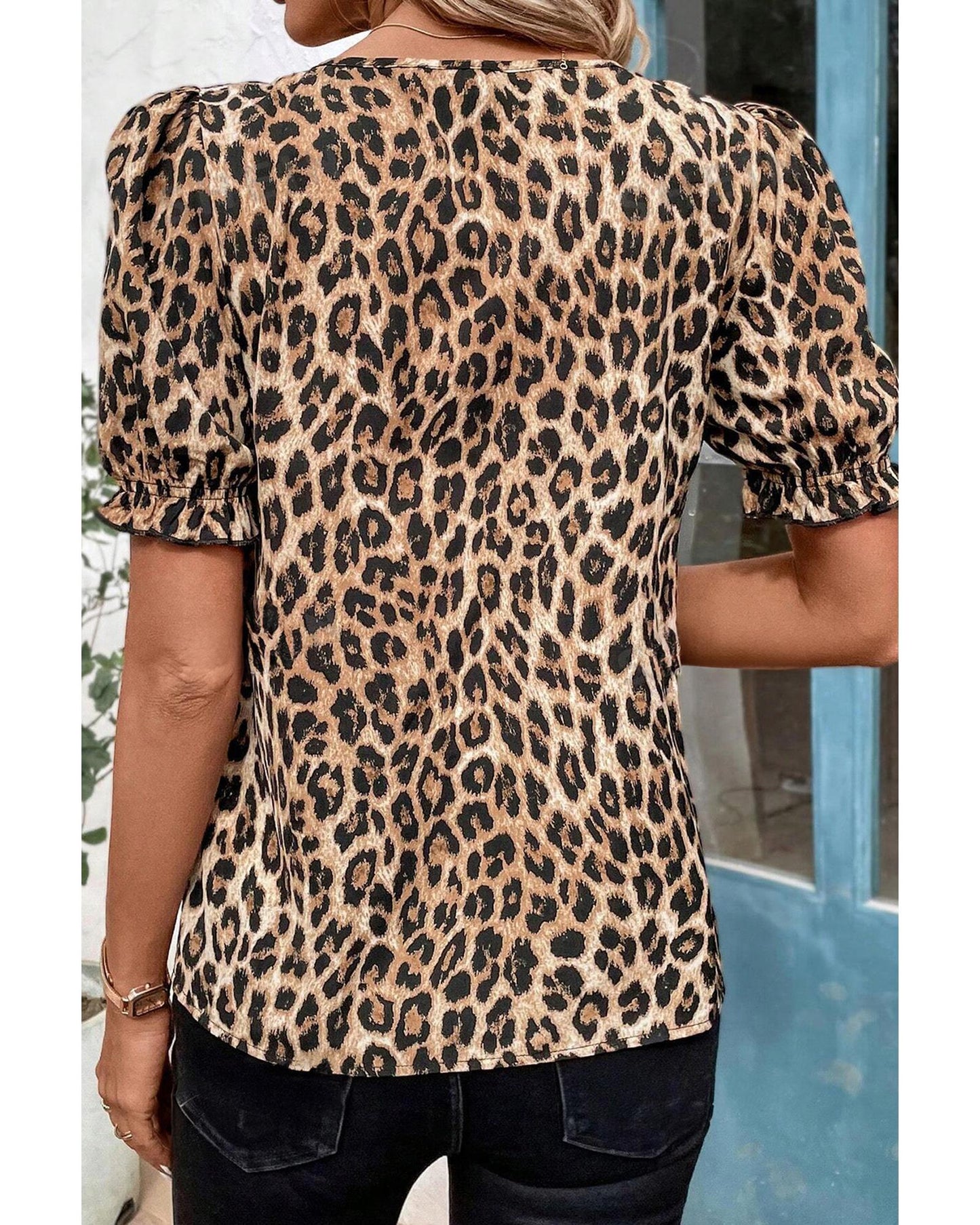 Khaki Leopard Ruffled Neck Cascading Puff Short Sleeve Top - M