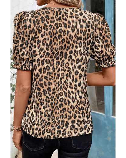 Khaki Leopard Ruffled Neck Cascading Puff Short Sleeve Top - M