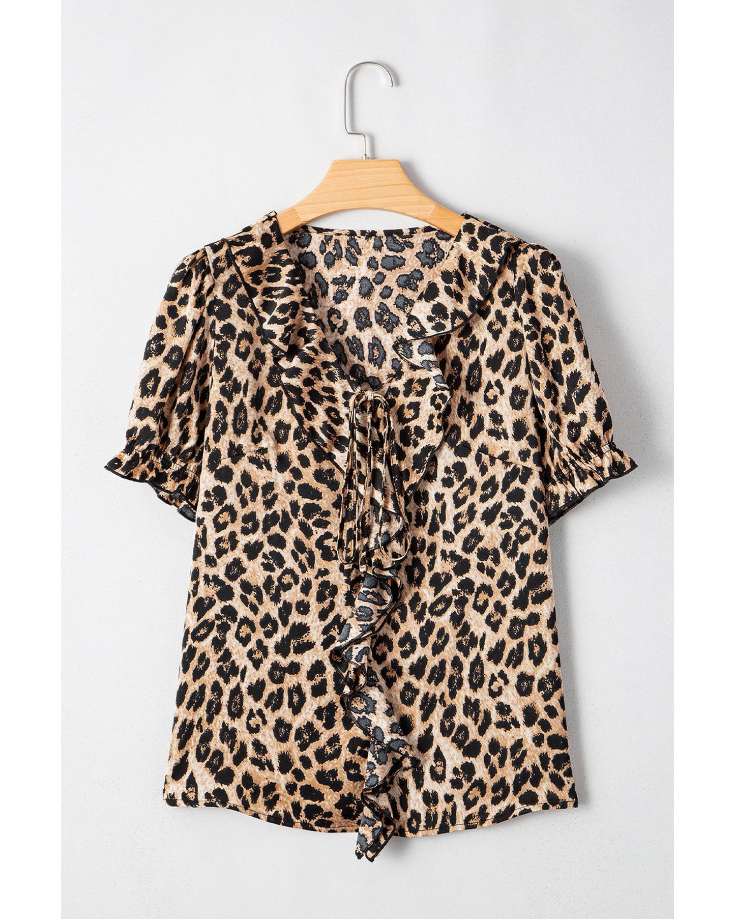 Khaki Leopard Ruffled Neck Cascading Puff Short Sleeve Top - M